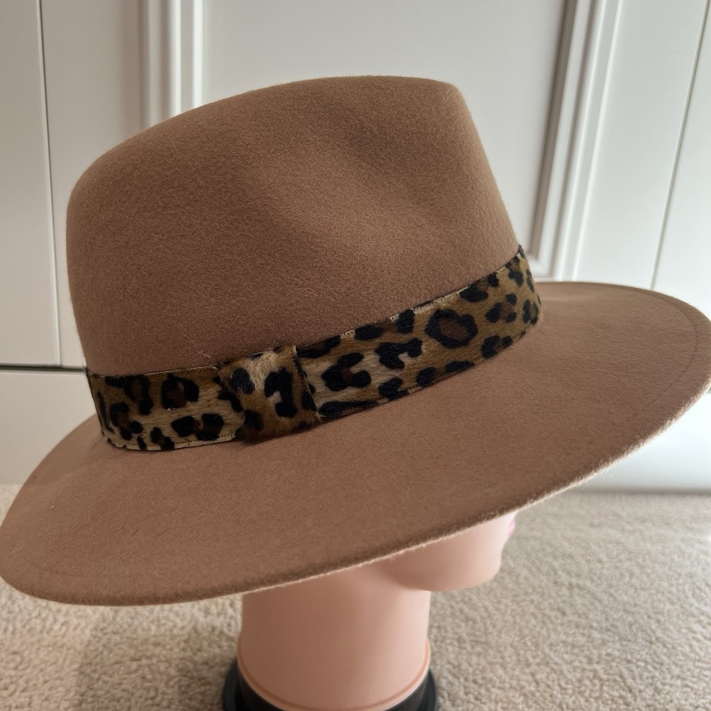 Halogen Wool Fedora Hat Tan Brown O/S Adjustable Animal Print Safari‎